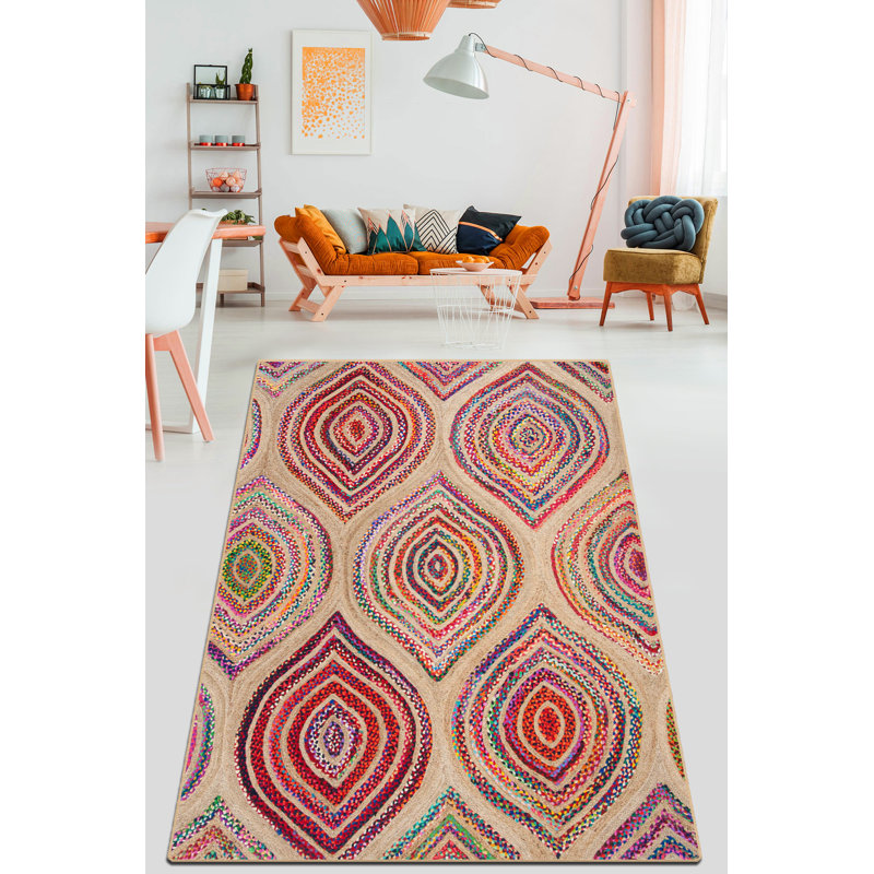 Tapis en polyester tissé à la machine Carter - rouge / jaune / rose, Rectangle 6 pi 7 po x 9 pi 6 po