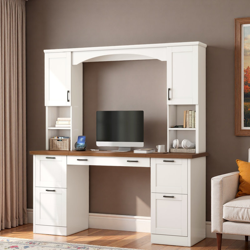 Bureau d'ordinateur Farmhouse Arched avec station de charge, plateau à clavier, tiroirs classeurs, armoires et tablettes ouvertes