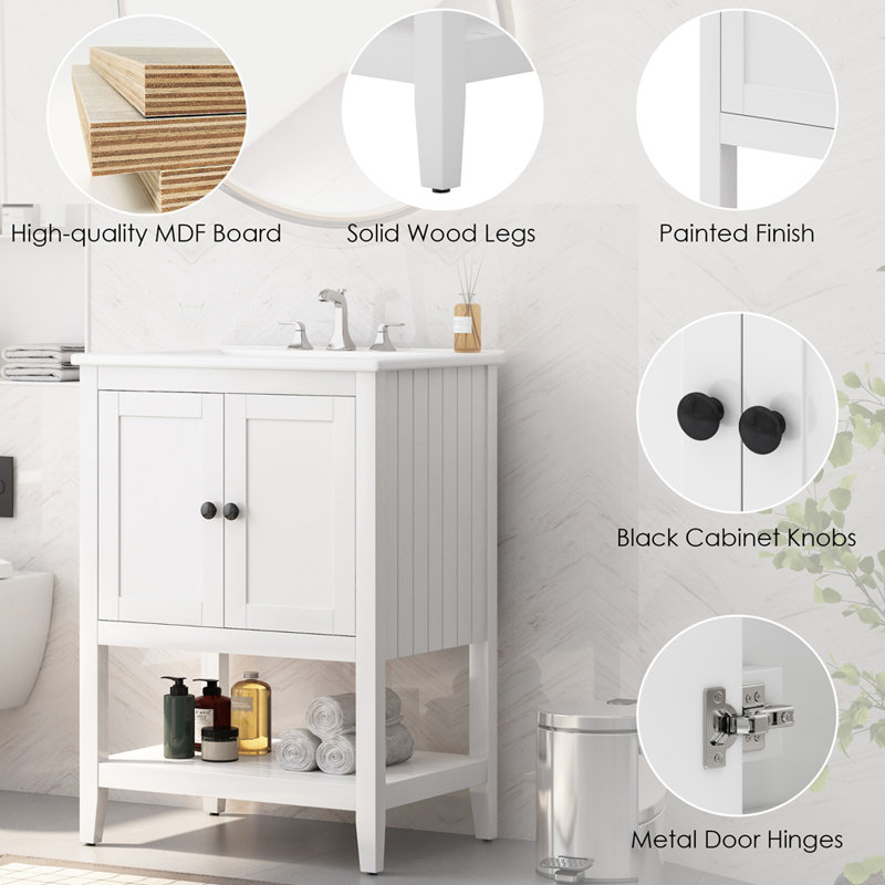 24" White Modern Bathroom Vanity with Ceramic Sink and Solid Wood Frame