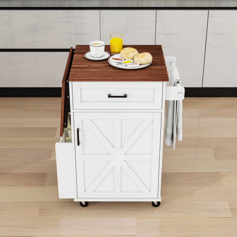 Kitchen Cart with Drop Leaf, Drawer, Storage Cabinet, Adjustable Shelf, Side Rack and Towel Bar, White