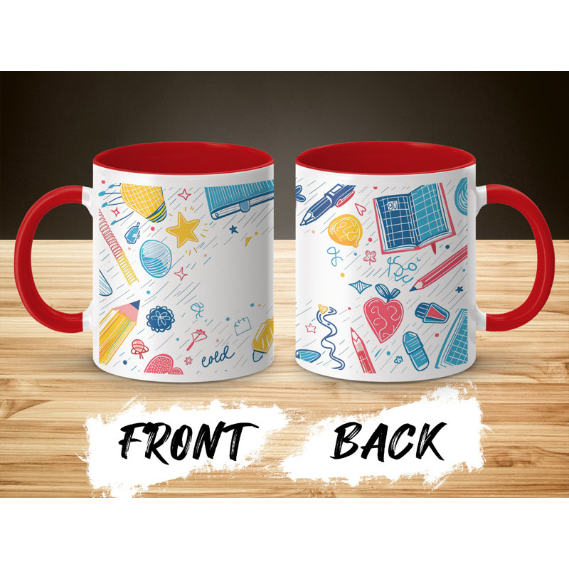 Kids Drawing Style 11oz Accent Mugs – Ceramic Coffee Cup with a Red Handle and Interior