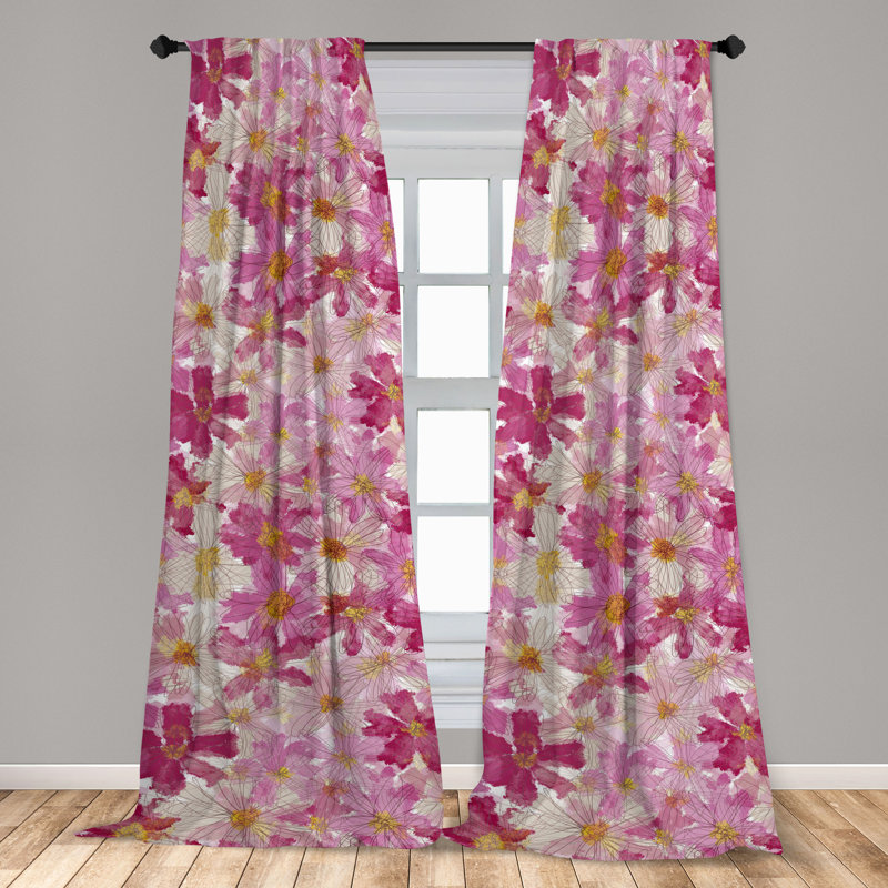 Magenta Pale Peach Floral Microfiber Rod Pocket Curtains