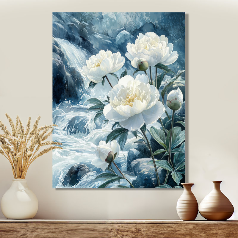 Pivoines au bord de la rivière I - Art mural pivoines, H 44 po x l 34 po, Toile tendue, Ne s'applique pas