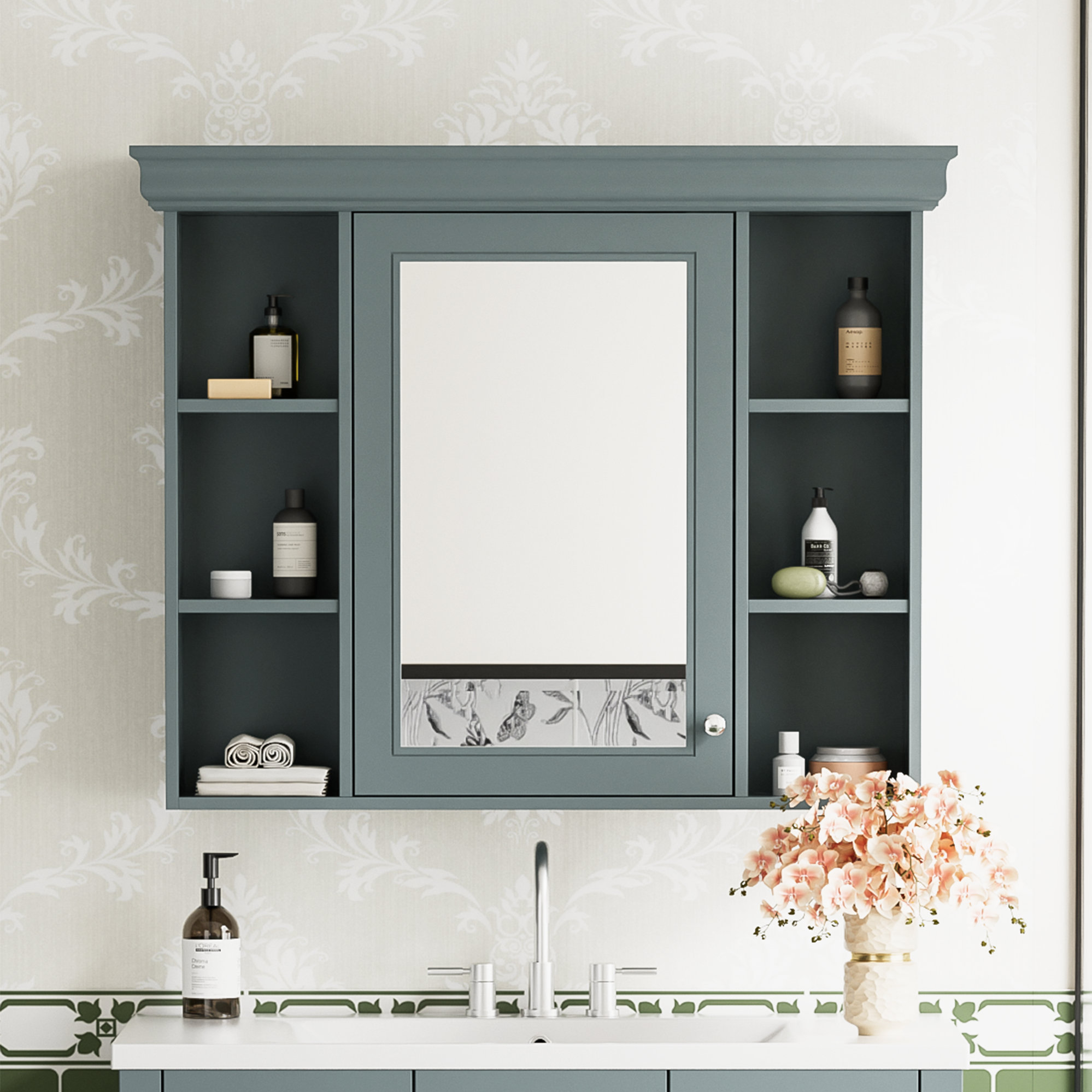 Winston Porter Blue Wall Mounted Bathroom Storage Cabinet With Mirror ...