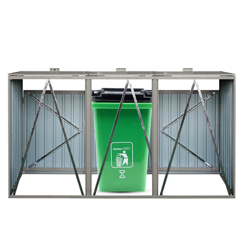 Metal Garbage Bin Shed In Grey Color - Holds 3 Trash Cans, , Scratch-, Easy To Assemble And Use Outdoor Stores Rot-, With Installation Maintenance