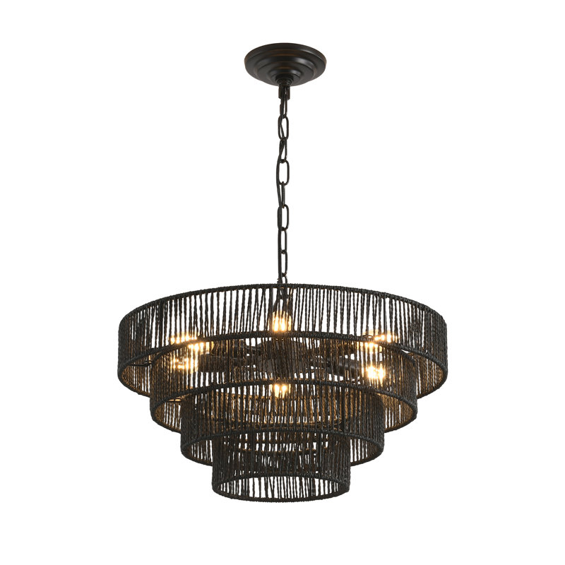Lustre rustique en corde de chanvre noir à 4 niveaux avec 6 douilles E12
