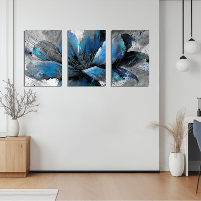 Ensemble de 3 tableaux abstraits à fleurs bleues sur toile tendue