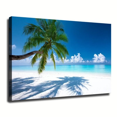 Plage de sable blanc tropical avec cocotier incliné, grande impression sur toile tendue avec châssis pour le salon, la chambre à coucher