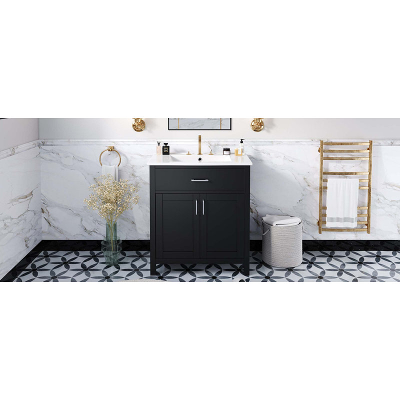 Meuble-lavabo de salle de bain avec lavabo en céramique, 2 portes et 1 tiroir caché, Noir, noir, noir, noir