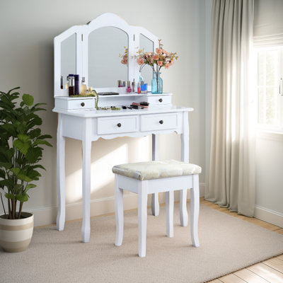White Wooden Vanity Make Up - Spacious Drawers And Comfortable Chair Kit In , With A Construction Seat Pad