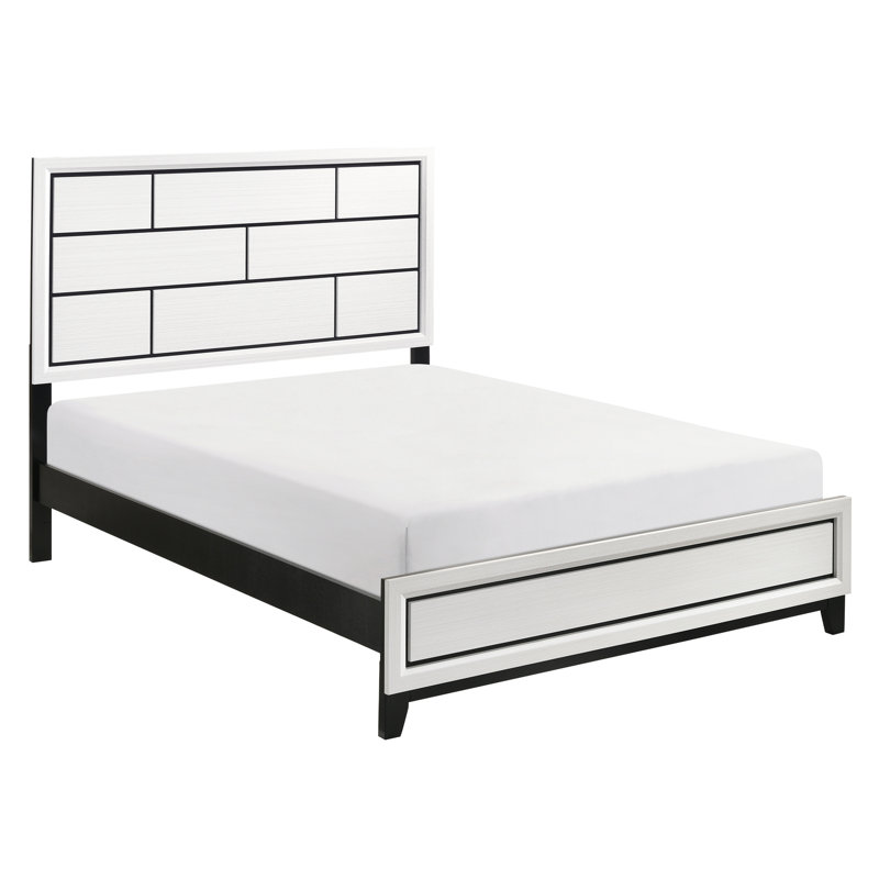 White Finish Wooden Full Bedroom Bed, Modern Style With Black Line Accent Bed In Look, And Line, Wood Construction, Full
