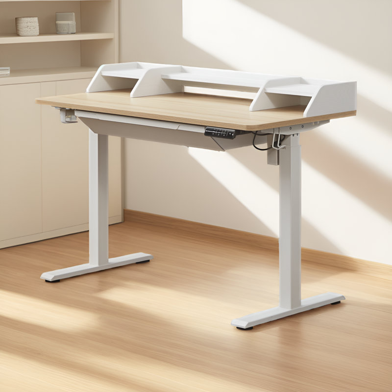 Bureau debout à hauteur réglable électrique Larreon, H 47,2 po x l 48 po x P 24 po, Chêne gris / noir, Bureau avec huche