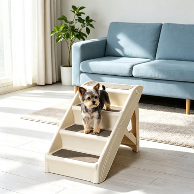 Foldable 4 Step Pet Stairs with Non-Slip Mats, Beige Plastic Pet Ramp for Small Dogs & Cats, Supports up to 10kg, 62 x 38 x 49.5cm