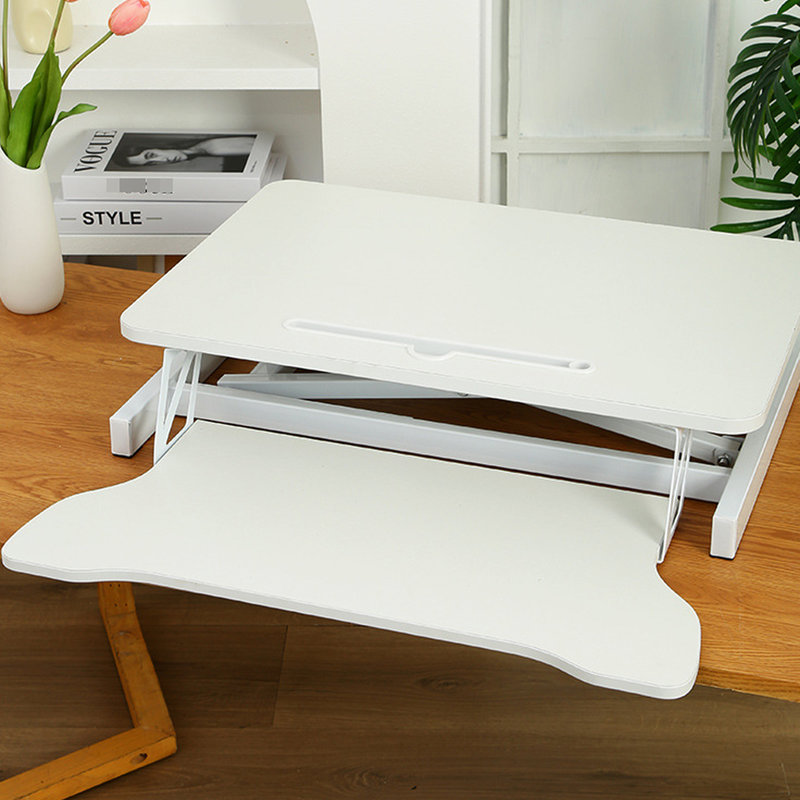 Convertisseur de bureau 32 pouces pour un changement de position assis / debout, compatible avec un moniteur double et un ordinateur portable, blanc, avec un large support de fixation au clavier, un adaptateur réglable en hauteur, des réglages adaptés, un grand support