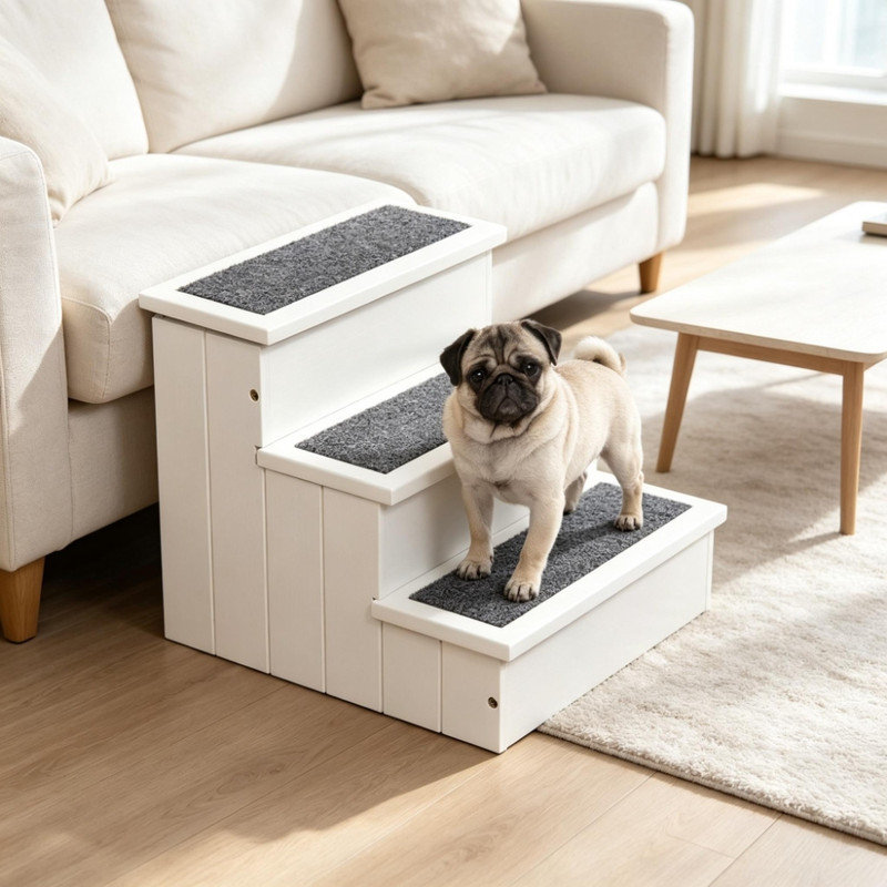 Escalier pour animal de compagnie blanc en bois de sapin à 3 niveaux avec rangement, rampe antidérapante pour chat et tapis pour canapé et lit