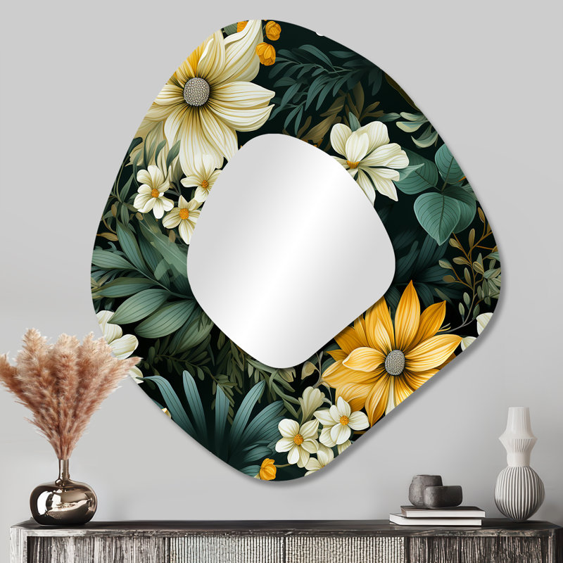 «Botanical Green and Yellow Poppies Garden I», miroir mural de forme unique floral, miroir décoratif asymétrique Cottage, impression d'art en métal