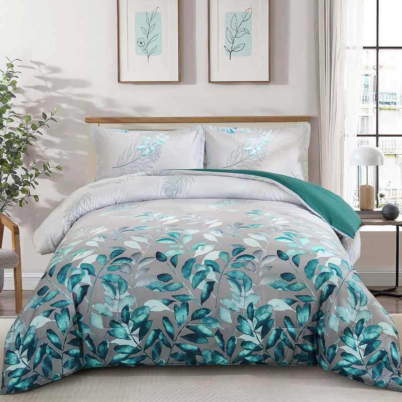 Ensemble d'édredon réversible 3 pièces à motif floral en microfibre douce toutes saisons, Vert