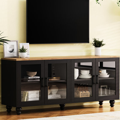 70" Tv Console With Build, Black And Dark Walnut, Adjustable Storage Cabinet Legs, Compatible, Space
