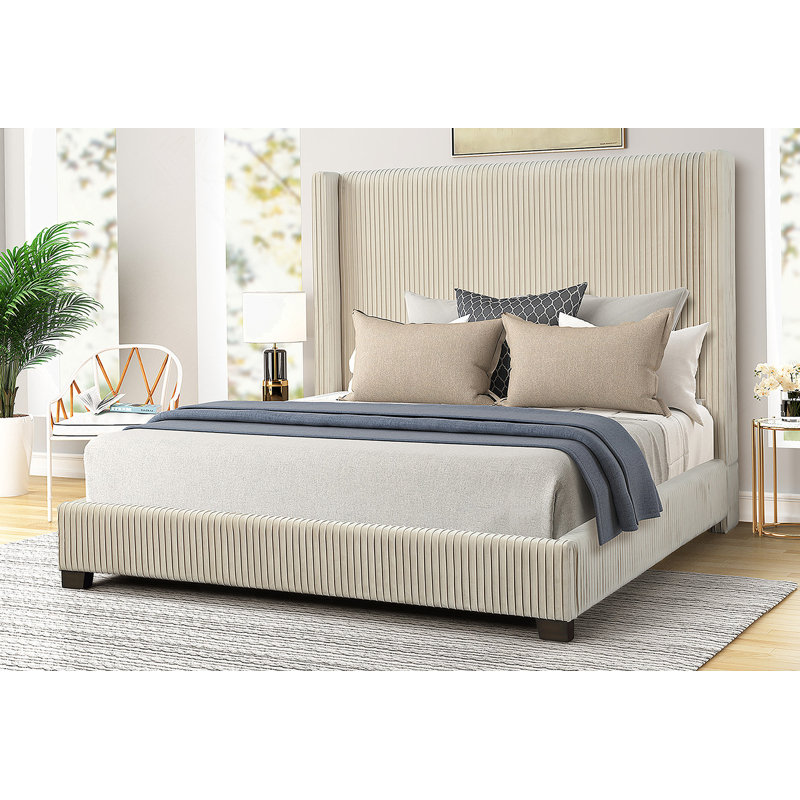Grand lit tapissier dans une boîte beige, Beige, Grand lit