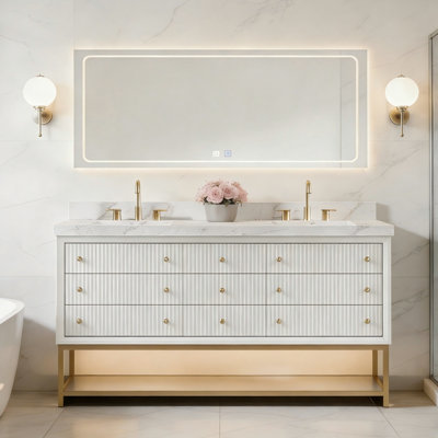 Meuble-lavabo autoportant en chêne massif 72 po avec lumière DEL et structure en métal doré Celestia