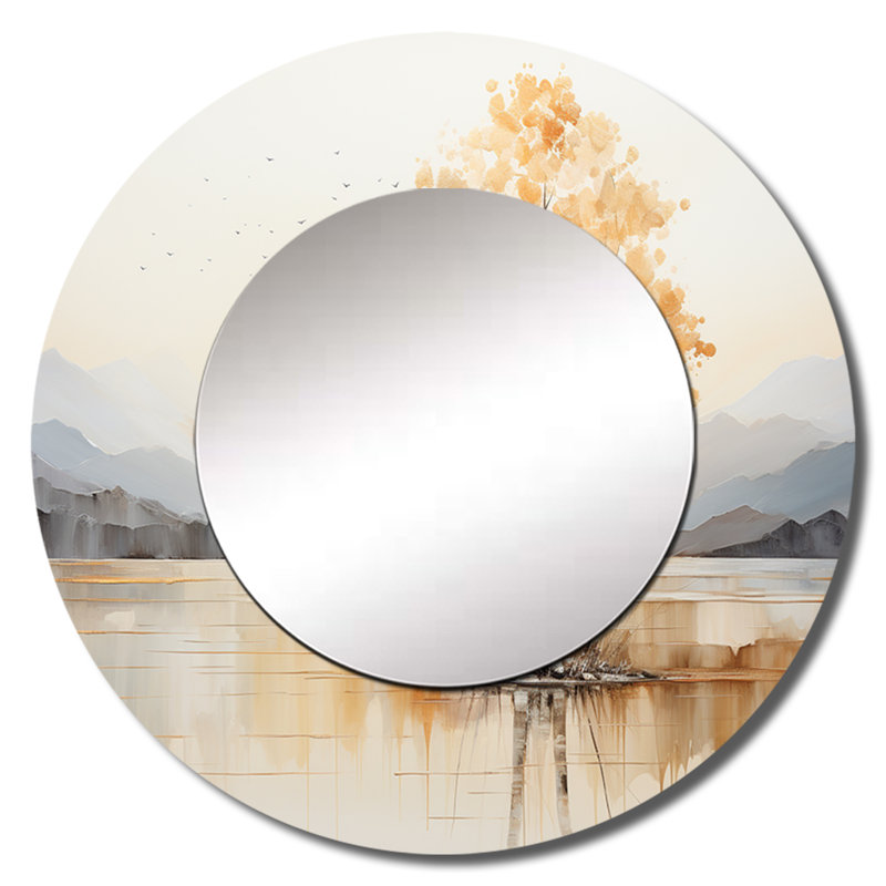 Calydon Minimalism Yellow Tree Solitude IV - Trees Unique Wall Mirror, Traditional Round Mirror, Printed Metal Art, 29" x 29"