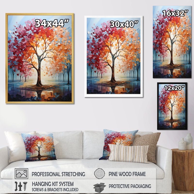 Érable majestueux Blaze - Art mural floral et botanique dans le salon, H 32 po x l 16 po x P 1 po, Cadre photo doré