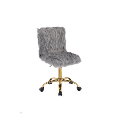 Office Chair In Grey Faux Fur & Gold Finish