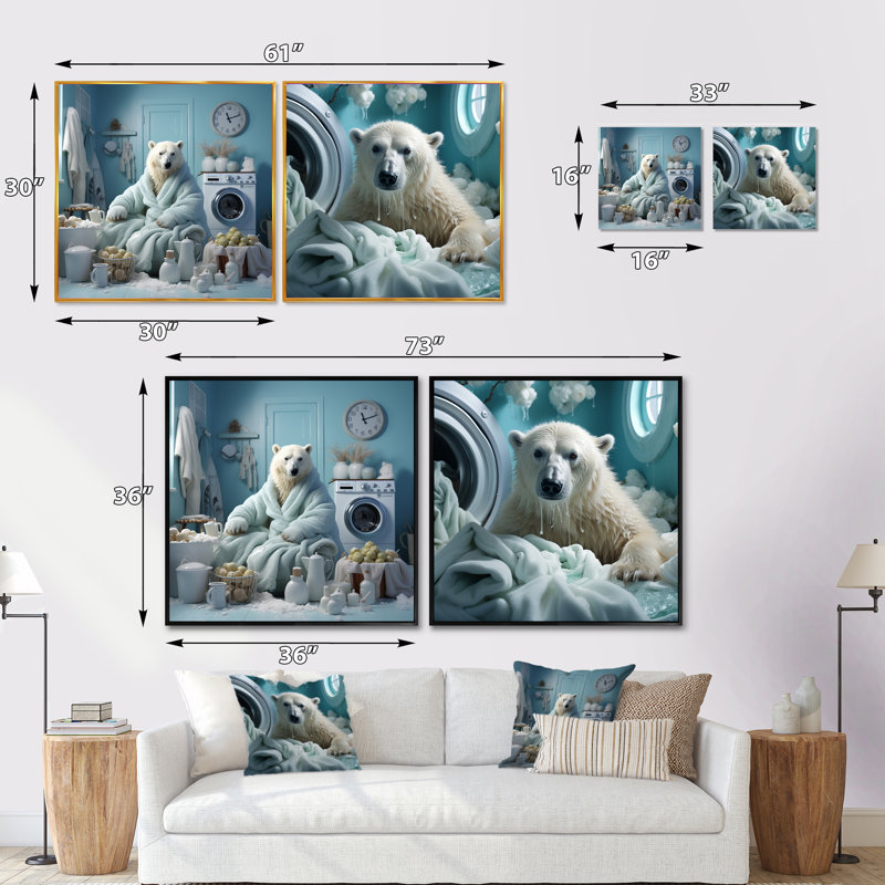 Ensemble de 2 ours polaires et ours enneigé, H 16 po x l 33 po, Cadre flottant blanc