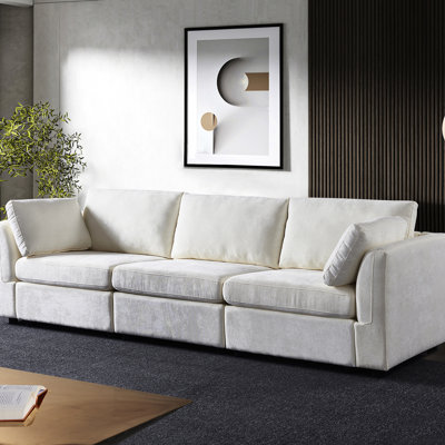 Victorian Modular 3 In Creamy White Chenille - Rolled Arm Comfort Style, With Arms