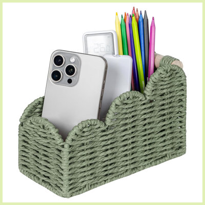Scalloped Remote Control Holder, Farmhouse Style Desk Organizer for Pens, Makeup Brushes, Green