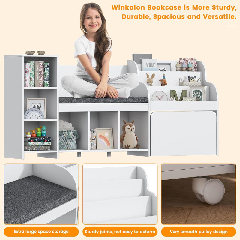 67” Kids Bookshelf and Bookcase, Reading Nook with Bench, Modern Kids Bookshelf with Seat Cushion and 6 Storage Cubbies, Toy Storage Box on Wheels, Toy Chest for Nursery, Classroom White