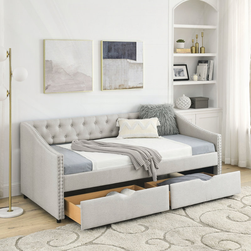 UpholsteredTwin Size Daybed with Drawers, Beige, Twin