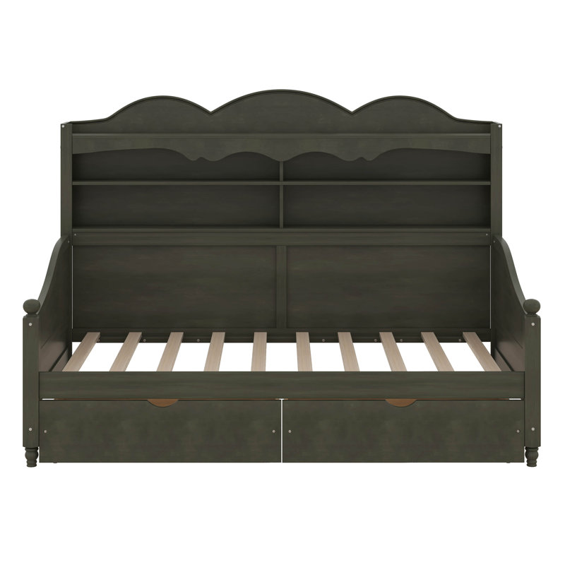 Twin Daybed With Storage Drawers, Wooden Twin Day Bed With Storage Headboard Shelving, Retro Style Daybed, Antique Gray