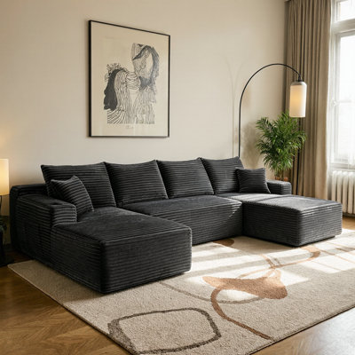 126" Cloud Sectional Sofa with U-Shape Double Chaise – Plush Couch with Side Pockets & Cup Holders, Deep Seating – No Assembly Required, Modular Design for Living Room, Bedroom, Home Theater – 5-Seater