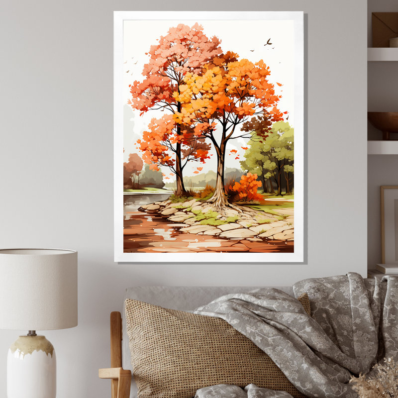 " Two Orange Trees In Autum Watervolor ", 44" H x 34" W x 1.5" D, White Single Picture Framed
