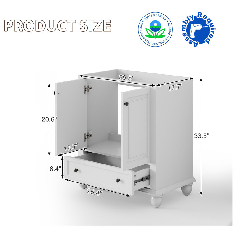 30" Single Sink Bathroom Vanity Base Only, Painted Surface, Soft-Close Doors, White
