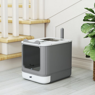 Cat Litter Box with Lid, Front-Entry, Top-Exit for Medium Cats White