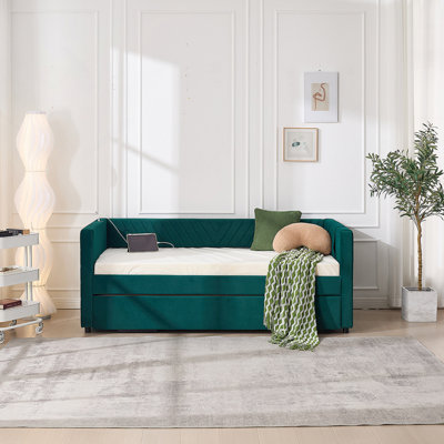 Lit de jour simple rembourré avec lit gigogne, port USB, poches latérales, dossier à motif en V moderne, aucun sommier nécessaire pour la chambre à coucher, la chambre d'amis (émeraude, lit simple)