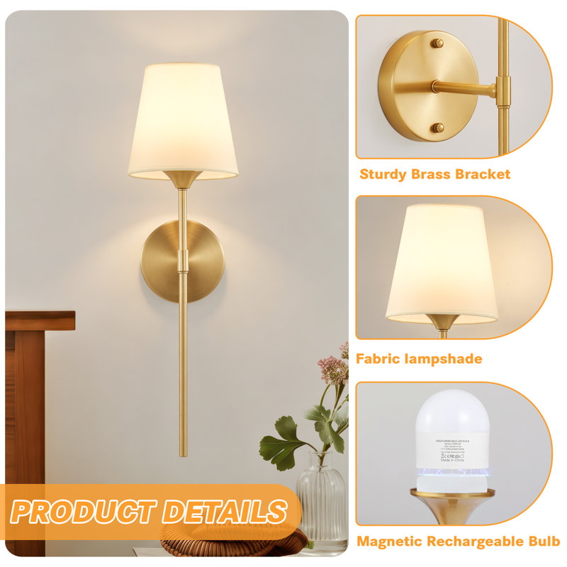 Ensemble de 2 appliques murales à piles, lampes murales DEL sans fil rechargeables avec abat-jour en tissu, lampe murale en laiton à intensité variable