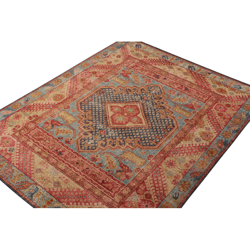 Distressed Homage Hand Knotted Wool Geometric Area Rug in Blue, Red, Gold, Brown, Pink, Rectangle 9' x 12'