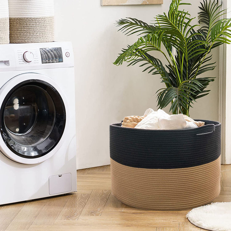 Fabric Laundry Basket with Handles, Black/Camel