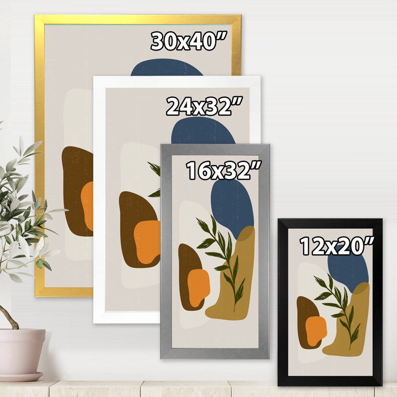 Botanical Minimalist Shapes with Green Leaf - Impression sur toile, H 32 po x l 24 po x 1,5 po, Toile avec cadre noir