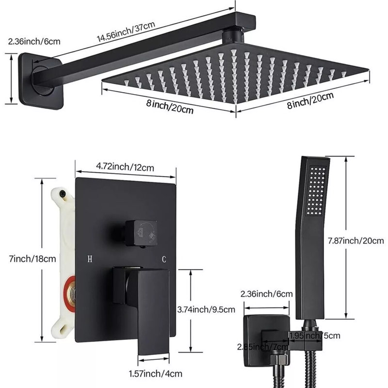 2 Function Shower Faucet System Set 8 in Rainfall Head with Mixer Valve Wall Mounted, Black
