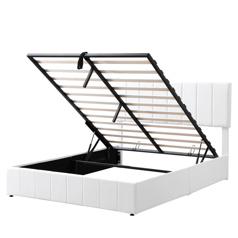 Grand lit plateforme tapissier avec système de rangement hydraulique