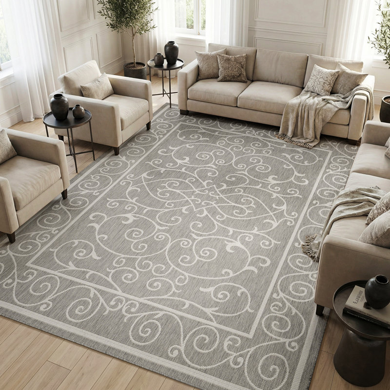 Tapis d'intérieur / extérieur Traditional, Gris / Blanc, Rectangulaire 8 pi x 10 pi