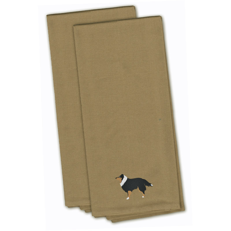 Serviette à thé à cuisine brodée sheltie/shetland berger, Brun clair, H 28 po x l 19 po x P 0,1 po