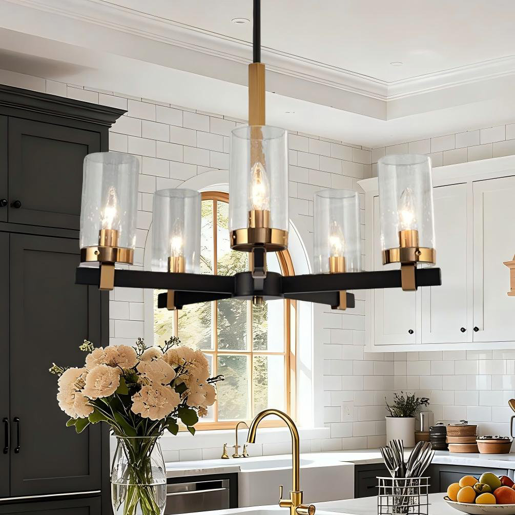 Marrina 5-Light Classic Wagon Wheel Gold Chandelier with Seeded Glass Shades Everly Quinn