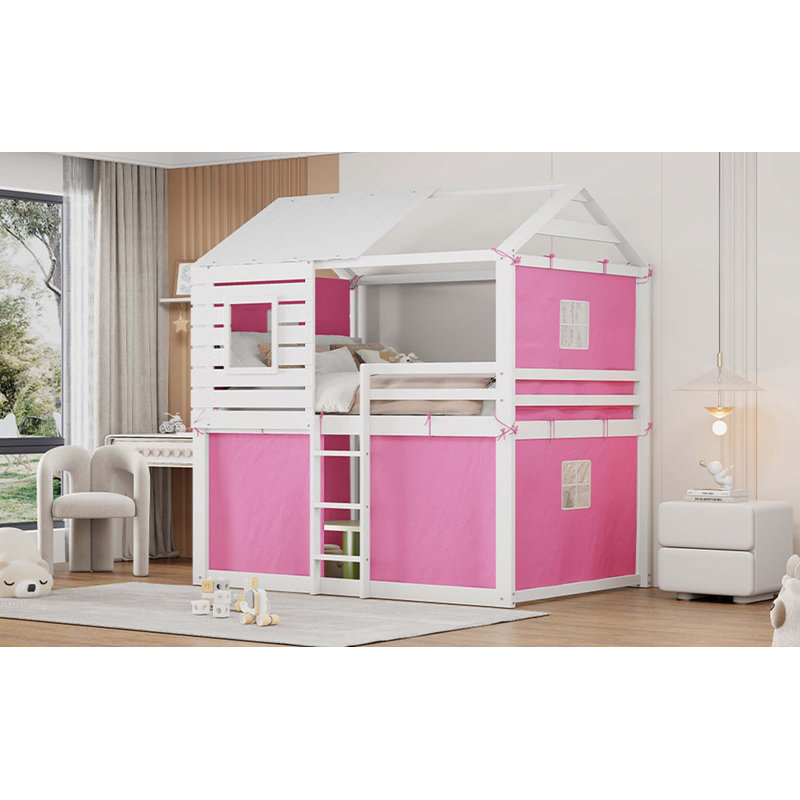 Lit superposé en bois avec tente, Double, Rose / blanc