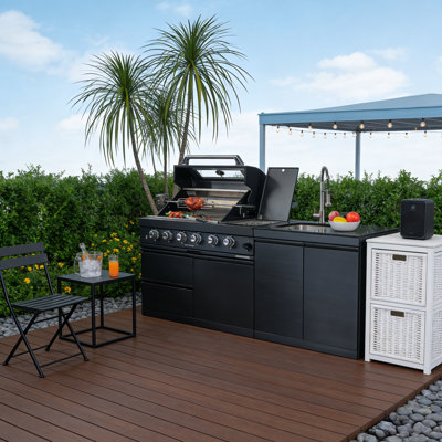 Barbecue au gaz en acier inoxydable de 46 pouces à 4 brûleurs 72000 pour la cuisine extérieure avec brûleur latéral, installation, comptoirs en granit noir, tiroirs de rangement et roulettes pivotantes