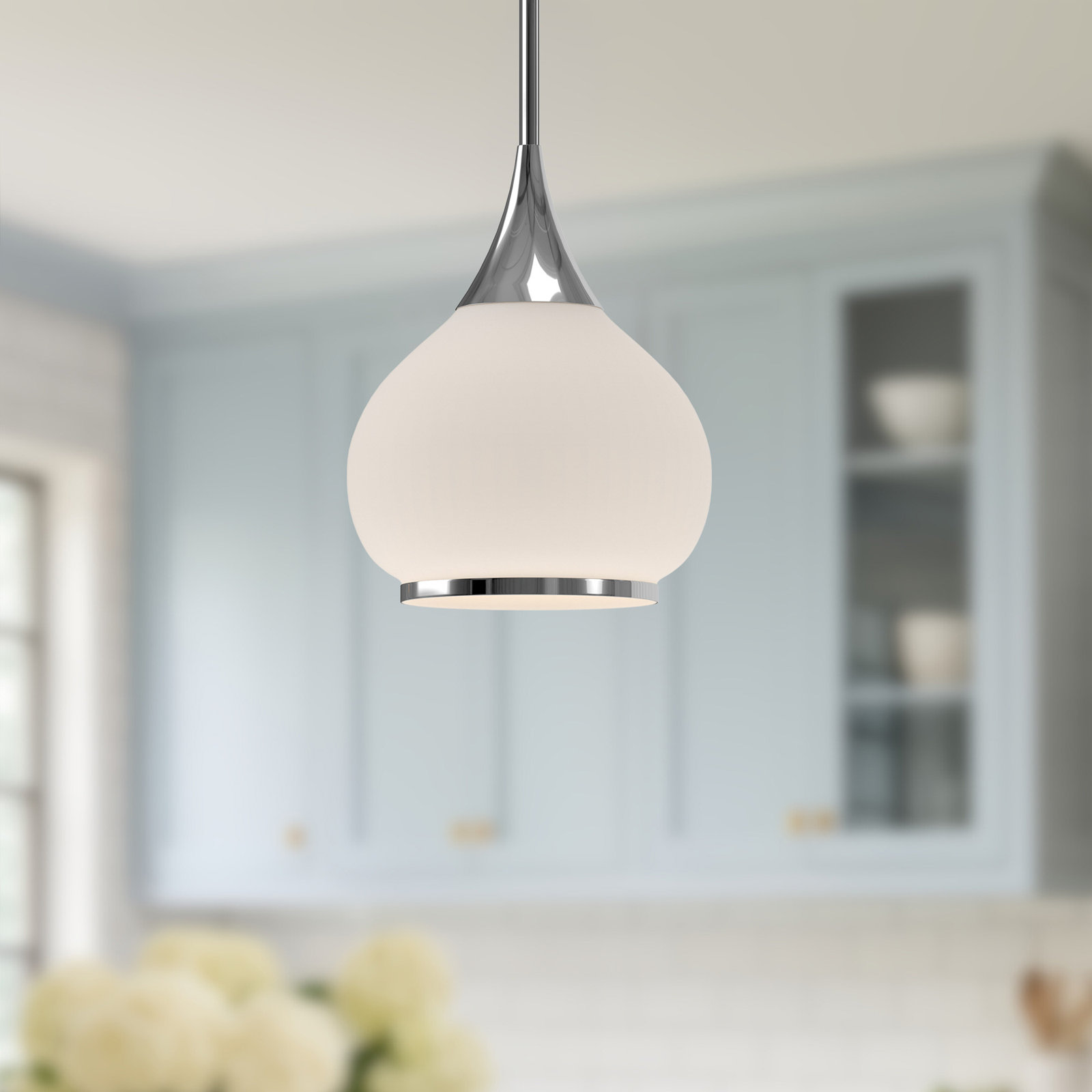 Hazel Single Light Glass Pendant, Chrome, Opal, 63" H x 10" W x 10.13" D